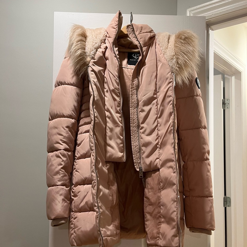 Point Zero Women's Blush Puffer Coat with Fur Hood